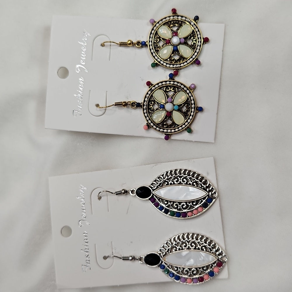 Women's Set of 2 Pairs Pierced Earrings Boho Ethnic Colorful Unique Bohemian NEW